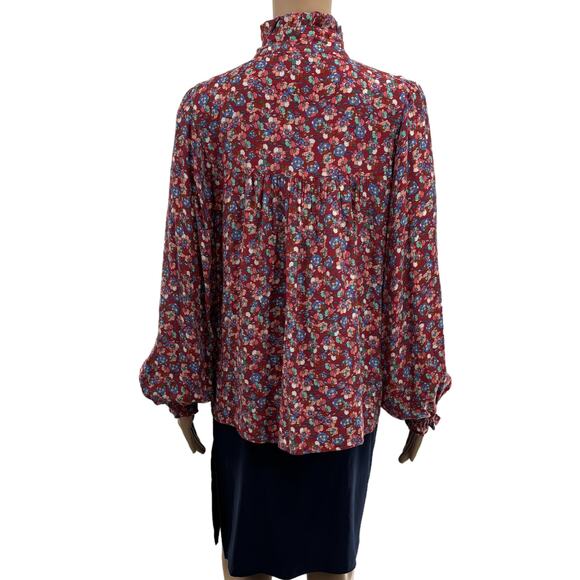 Anthropologie Emia Red Ruffled Floral Button Down Top - Picture 7 of 10